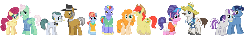Size: 4727x723 | Tagged: safe, derpibooru import, bow hothoof, bright mac, cloudy quartz, cookie crumbles, gentle breeze, hondo flanks, igneous rock pie, night light, pear butter, posey shy, twilight velvet, windy whistles, pony, brightbutter, clothes, cookieflanks, dad six, female, glasses, hat, husband and wife, looking at you, male, mom six, nightvelvet, pants, parents six, quartzrock, shipping, shirt, shorts, shys, simple background, smiling, straight, sweater, transparent background, vector, windyhoof