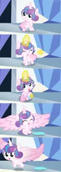 Size: 1280x3600 | Tagged: safe, anonymous artist, derpibooru import, princess flurry heart, alicorn, pony, baby, baby pony, comic, diaper, diaperless edit, discarded clothing, nudity, safety pin, solo, stripping, undressing
