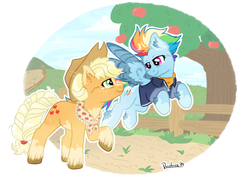 Size: 1640x1200 | Tagged: safe, artist:ruushiicz, derpibooru import, applejack, rainbow dash, earth pony, pegasus, pony, the last problem, apple, apple tree, appledash, braided tail, colored hooves, cowboy hat, digital art, ear fluff, female, fence, flying, food, hat, lesbian, looking at each other, mare, pale belly, shipping, smiling, tree, unshorn fetlocks