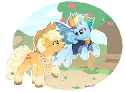 Size: 1640x1200 | Tagged: safe, artist:ruushiicz, derpibooru import, applejack, rainbow dash, earth pony, pegasus, pony, the last problem, apple, apple tree, appledash, braided tail, colored hooves, cowboy hat, digital art, ear fluff, female, fence, flying, food, hat, lesbian, looking at each other, mare, pale belly, shipping, smiling, tree, unshorn fetlocks