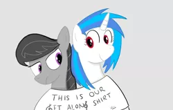 Size: 2160x1376 | Tagged: safe, artist:addelum, derpibooru import, octavia melody, vinyl scratch, earth pony, pony, unicorn, clothes, female, get along shirt, mare, octavia is not amused, shared clothing, shirt, simple background, unamused, wrong eye color