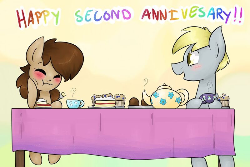 Size: 1024x683 | Tagged: safe, artist:theluckyangel, derpibooru import, derpy hooves, doctor whooves, time turner, earth pony, pegasus, pony, blushing, cake, doctorderpy, dopey hooves, dopeytoress, female, food, male, mare, muffin, rule 63, shipping, smiling, stallion, straight, the doctoress
