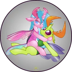 Size: 5000x5000 | Tagged: safe, artist:lakword, derpibooru import, thorax, oc, oc:keratin, changedling, changeling, canon x oc, cuddling, cute, hug, king thorax, kissing, licking, pair, sitting, smiling, smirk, tongue out