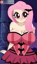 Size: 1600x2776 | Tagged: suggestive, artist:raydonxd, derpibooru import, fluttershy, bat pony, human, vampire, equestria girls, bat ponified, big breasts, breasts, busty fluttershy, clothes, costume, flutterbat, halloween, halloween costume, holiday, huge breasts, human coloration, race swap, solo, vampireshy