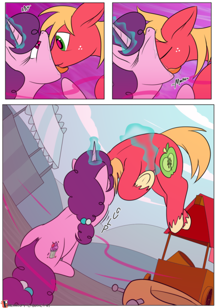 Size: 955x1350 | Tagged: suggestive, artist:teabucket, deleted from derpibooru, derpibooru import, big macintosh, sugar belle, earth pony, pony, unicorn, comic:poison apple, bucket, cart, comic, eating, female, fetish, food, freckles, heart eyes, magic, male, mare, open mouth, patreon, patreon logo, pheromones, ponyville, shipping, stallion, straight, sugarmac, swallowing, throat bulge, tongue out, vorabelle, vore, willing vore, wingding eyes