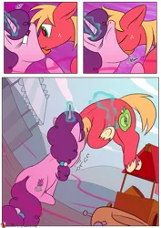 Size: 955x1350 | Tagged: suggestive, artist:teabucket, deleted from derpibooru, derpibooru import, big macintosh, sugar belle, earth pony, pony, unicorn, comic:poison apple, bucket, cart, comic, eating, female, fetish, food, freckles, heart eyes, magic, male, mare, open mouth, patreon, patreon logo, pheromones, ponyville, shipping, stallion, straight, sugarmac, swallowing, throat bulge, tongue out, vorabelle, vore, willing vore, wingding eyes