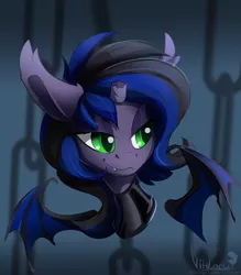 Size: 3500x4000 | Tagged: safe, artist:mithriss, derpibooru import, oc, oc:kuro, bat pony, pony, bat wings, broken horn, disembodied head, floating wings, horn, icon, latex, latex suit, smug, wings