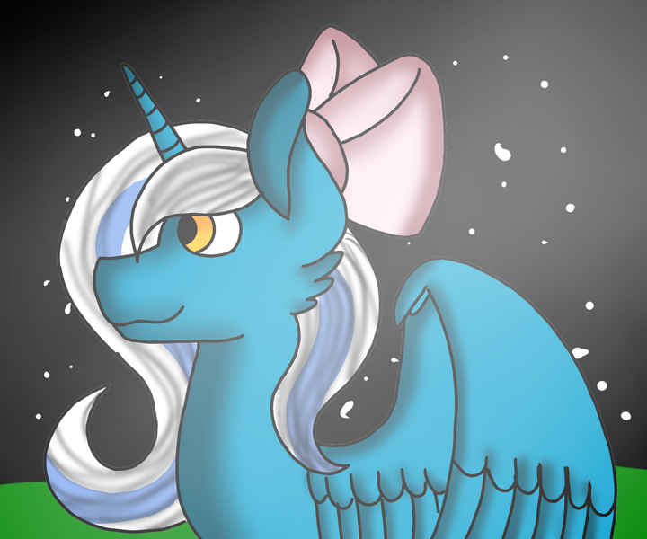 Size: 1800x1500 | Tagged: safe, artist:nmranaknolep, derpibooru import, oc, oc:fleurbelle, alicorn, pony, alicorn oc, bow, female, grass, hair bow, horn, mare, sky, smiling, stars, wings, yellow eyes