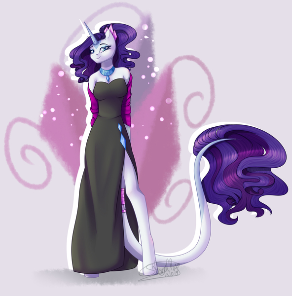 Size: 2208x2236 | Tagged: safe, artist:dinkydoolove, derpibooru import, rarity, anthro, unguligrade anthro, unicorn, bare shoulders, clothes, dress, female, jewelry, leonine tail, looking at you, mare, necklace, redraw, side slit, solo