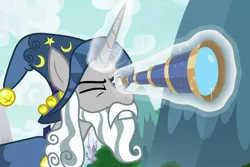 Size: 1542x1027 | Tagged: safe, derpibooru import, screencap, star swirl the bearded, pony, unicorn, the ending of the end, canterlot, cropped, frown, glowing horn, gritted teeth, horn, magic, magic aura, male, one eye closed, solo, spyglass, stallion, telekinesis