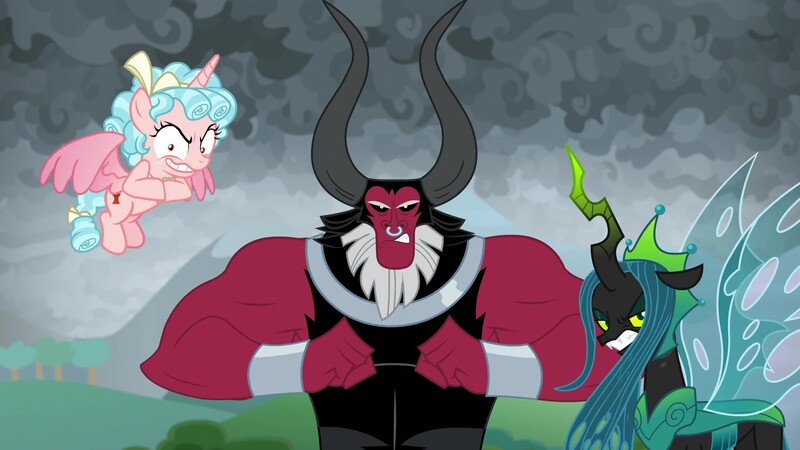 Size: 1920x1080 | Tagged: safe, derpibooru import, screencap, cozy glow, lord tirek, queen chrysalis, alicorn, centaur, changeling, pony, the ending of the end, alicornified, cozycorn, female, filly, former queen chrysalis, league of e.v.i.l., me and the boys, nose piercing, nose ring, piercing, race swap, slasher smile, ultimate chrysalis, war face