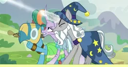 Size: 719x376 | Tagged: safe, derpibooru import, screencap, meadowbrook, mistmane, star swirl the bearded, earth pony, pony, unicorn, the ending of the end, alchemy, blast, cropped, eyes closed, female, fight, fighting stance, glowing horn, gritted teeth, healer's mask, horn, magic, magic blast, male, mare, mask, stallion, throwing