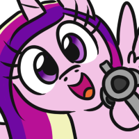 Size: 200x200 | Tagged: safe, artist:jargon scott, derpibooru import, princess cadance, alicorn, pony, bye anon, delet this, female, gun, handgun, hi anon, looking at you, lowres, mare, meme, open mouth, revolver, simple background, solo, weapon, white background