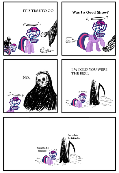 Size: 2000x2916 | Tagged: safe, derpibooru import, twilight sparkle, twilight sparkle (alicorn), alicorn, human, pony, bittersweet, bone, comic, female, friendship, friendshipping, grim reaper, it's time to go, mare, meme, simple background, skeleton, skull