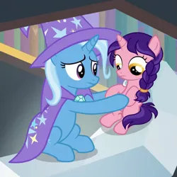 Size: 689x689 | Tagged: safe, derpibooru import, screencap, candy grapes, raspberry dazzle, trixie, pony, unicorn, the ending of the end, concerned, cropped, female, filly, helping, holding a pony, mare