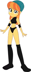 Size: 683x1556 | Tagged: safe, artist:invisibleink, artist:marcusvanngriffin, artist:wouterthebelgian1999, deleted from derpibooru, derpibooru import, edit, orange sunrise, equestria girls, equestria girls series, background human, beanie, belly button, boots, clothes, commission, elbow pads, female, hat, knee pads, midriff, shoes, simple background, solo, sports, sports bra, sports panties, transparent background, vector, wrestler, wrestling
