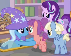Size: 840x661 | Tagged: safe, derpibooru import, screencap, starlight glimmer, strawberry swing, trixie, water spout, earth pony, pegasus, pony, unicorn, the ending of the end, colt, cropped, female, filly, friendship student, helping, male, school of friendship