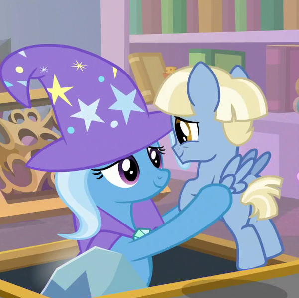 Size: 604x603 | Tagged: safe, derpibooru import, screencap, trixie, water spout, pegasus, pony, unicorn, the ending of the end, animation error, colt, concerned, cropped, duo, eye contact, female, friendship student, helping, holding a pony, looking at each other, male, mare, school of friendship, smiling