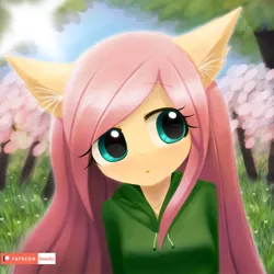 Size: 1000x1000 | Tagged: anthro, artist:howxu, bust, cute, daaaaaaaaaaaw, derpibooru import, ear fluff, event horizon of cuteness, female, fluttershy, pegasus, portrait, safe, shyabetes, solo, tree