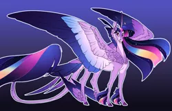 Size: 5100x3300 | Tagged: safe, artist:turnipberry, deleted from derpibooru, derpibooru import, twilight sparkle, twilight sparkle (alicorn), alicorn, pony, the last problem, absurd resolution, alternate universe, ascension au!, blue background, cheek feathers, cloven hooves, colored wings, colored wingtips, feathered fetlocks, female, headcanon, leonine tail, mare, multicolored mane, multicolored wings, redesign, simple background, smiling, solo, tail feathers, wings