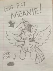 Size: 2448x3264 | Tagged: safe, derpibooru import, twilight sparkle, twilight sparkle (alicorn), alicorn, pony, marks for effort, big fat meanie, drawing, implied cozy glow, lined paper, monochrome, new student starfish, scene interpretation, solo, spongebob squarepants, tongue out, traditional art
