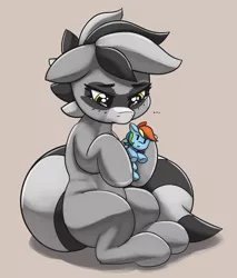 Size: 2786x3265 | Tagged: safe, artist:pabbley, derpibooru import, rainbow dash, oc, oc:bandy cyoot, unofficial characters only, hybrid, pony, raccoon, raccoon pony, ..., eye shimmer, female, floppy ears, holding, looking down, plushie, sad, series finale blues, sitting, solo, teary eyes