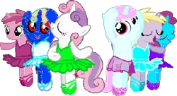 Size: 958x521 | Tagged: safe, artist:angrymetal, derpibooru import, dinky hooves, ruby pinch, sweetie belle, oc, oc:angrymetal, oc:ballet star, oc:berry blue, pony, arms in the air, arms out, ballerina, ballerinas, ballet, ballet slippers, clothes, en pointe, needs more jpeg, pincherina, simple background, sweetierina, transparent background, tutu, tutus