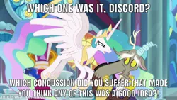 Size: 1920x1080 | Tagged: safe, derpibooru import, edit, edited screencap, screencap, discord, princess celestia, princess luna, twilight sparkle, alicorn, draconequus, pony, the ending of the end, angry, bad, cowering, discord drama, dragonball z abridged, drama, female, flying, goku, hoof shoes, male, mare, meme, piccolo (dbz), series finale drama, team four star, throne room, yelling