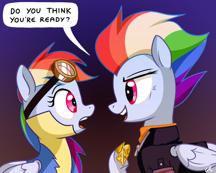 Size: 2000x1600 | Tagged: safe, artist:docwario, derpibooru import, rainbow dash, pegasus, pony, the last problem, clothes, dashtober, dialogue, end of ponies, future, lead pony badge, looking at each other, older, older rainbow dash, profile, self ponidox, speech bubble, time paradox, uniform, wonderbolt trainee uniform