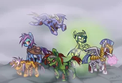 Size: 1815x1250 | Tagged: safe, artist:cazra, derpibooru import, earth pony, ghoul, glowing one, pegasus, pony, undead, unicorn, zombie, fallout equestria, canterlot ghoul, fallout, fog, wasteland