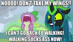 Size: 1156x659 | Tagged: safe, derpibooru import, edit, edited screencap, screencap, queen chrysalis, spike, changeling, changeling queen, dragon, the ending of the end, caption, distressed, female, glowing horn, horn, image macro, magic, male, pure unfiltered evil, telekinesis, text, ultimate chrysalis, vulgar, winged spike