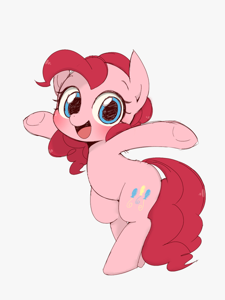 Size: 1024x1366 | Tagged: safe, artist:manachaaaaaaaa, derpibooru import, pinkie pie, earth pony, pony, bipedal, cute, diapinkes, female, gray background, mare, open mouth, pixiv, simple background, solo, underhoof