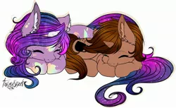 Size: 2793x1709 | Tagged: safe, artist:tawnysweet, derpibooru import, oc, oc:coffee, oc:dazzling talents, unofficial characters only, pony, unicorn, ethereal mane, eyes closed, female, horn, mare, prone, sleeping, starry mane, unicorn oc