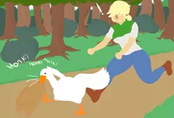 Size: 3400x2300 | Tagged: safe, artist:mrcakesboi, derpibooru import, applejack, bird, goose, human, equestria girls, female, honk, running, stealing, the goose, untitled goose game, wild goose chase