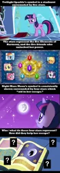 Size: 520x1476 | Tagged: safe, derpibooru import, edit, edited screencap, screencap, applejack, fluttershy, nightmare moon, pinkie pie, rainbow dash, rarity, twilight sparkle, pony, unicorn, friendship is magic, book, mane six, mare in the moon, moon, predictions and prophecies, the stars will aid in her escape, twilight's canterlot home, unicorn twilight, written equestrian