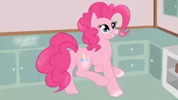 Size: 1920x1080 | Tagged: safe, artist:muzza299, derpibooru import, pinkie pie, pony, counter, flour, raised leg, smiling