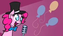 Size: 1920x1080 | Tagged: safe, artist:muzza299, derpibooru import, pinkie pie, pony, cutie mark, hat, microphone, no pupils, open mouth, singing, solo, top hat, wallpaper