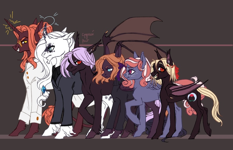 Size: 1280x828 | Tagged: safe, artist:weird--fish, derpibooru import, oc, oc:enotera, oc:fractal, oc:hidey, oc:levkoy, oc:mr. b. black, oc:wormhole, bat pony, pegasus, pony, unicorn, reference sheet, solo