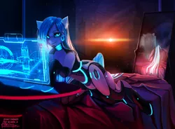 Size: 1200x884 | Tagged: suggestive, artist:mabiruna, derpibooru import, oc, unofficial characters only, cyborg, pony, robot, robot pony, bed, bedroom eyes, butt, chest fluff, city, cityscape, commission, cutie mark, female, hologram, looking at you, mare, mass effect, mirror, on bed, plot, rear view, science fiction, solo, sun, window