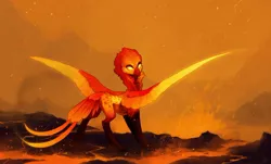 Size: 1024x617 | Tagged: safe, artist:koviry, derpibooru import, gryphon, glowing eyes, lava, looking at you, looking back, looking back at you, solo, spread wings, wings