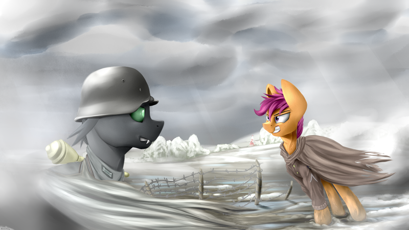 Size: 1920x1080 | Tagged: safe, artist:richmay, derpibooru import, scootaloo, oc, changeling, equestria at war mod, army, clothes, gritted teeth, helmet, military, military uniform, older, older scootaloo, panzerfaust, uniform, war