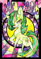 Size: 629x900 | Tagged: safe, artist:zakro, derpibooru import, oc, unofficial characters only, earth pony, pony, female, looking at you, one eye closed, stained glass