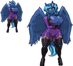 Size: 383x346 | Tagged: anthro, arms folded, artist:caseter, big breasts, breasts, cleavage, clothes, costume, derpibooru import, feather, huge breasts, looking back, oc, oc:midnight mist, pegasus, pixel art, shadowbolts costume, suggestive, unguligrade anthro, wings