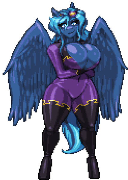 Size: 494x692 | Tagged: alternate version, anthro, arms folded, artist:caseter, big breasts, breasts, cleavage, clothes, costume, derpibooru import, feather, huge breasts, looking at you, oc, oc:midnight mist, pegasus, pixel art, shadowbolts costume, suggestive, unguligrade anthro, wings