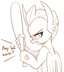 Size: 2139x2400 | Tagged: angry, artist:maren, baseball bat, cross-popping veins, derpibooru import, dialogue, dragon, female, monochrome, safe, smolder, this will end in pain