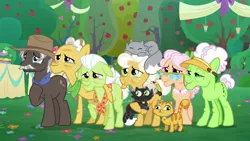 Size: 1920x1080 | Tagged: safe, derpibooru import, screencap, apple rose, auntie applesauce, burnt oak, goldie delicious, grand pear, granny smith, cat, pony, the big mac question, apple, apple tree, food, tree