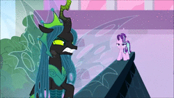 Size: 1920x1080 | Tagged: safe, derpibooru import, screencap, queen chrysalis, starlight glimmer, changeling, pony, unicorn, the ending of the end, angry, animated, blast, female, magic, magic beam, magic blast, mare, put it on my tab, school of friendship, smug, smuglight glimmer, snow, sound, ultimate chrysalis, webm, windswept mane