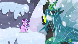 Size: 1920x1080 | Tagged: safe, derpibooru import, screencap, queen chrysalis, starlight glimmer, changeling, pony, unicorn, the ending of the end, animated, avalanche, badass, blast, female, magic, magic beam, magic blast, mare, palindrome get, put it on my tab, smug, smuglight glimmer, snow, sound, teleportation, ultimate chrysalis, webm, windswept mane