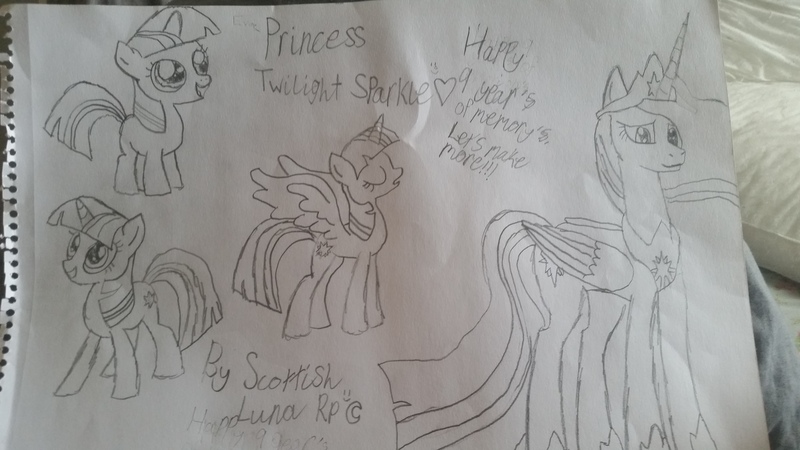 Size: 5312x2988 | Tagged: safe, artist:scottishlunaripoff, derpibooru import, twilight sparkle, twilight sparkle (alicorn), alicorn, pony, unicorn, the last problem, female, filly, filly twilight sparkle, happy birthday mlp:fim, mlp fim's ninth anniversary, simple background, sketch, traditional art, unicorn twilight, white background, younger