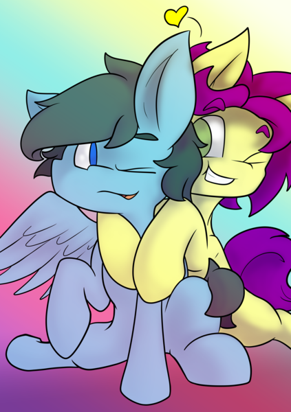 Size: 3501x4968 | Tagged: safe, artist:brsajo, derpibooru import, oc, oc:brsajo, oc:fordsie, earth pony, pegasus, pony, colored pupils, cuddling, cute, gradient background, grin, heart, hug, male, one eye closed, smiling, snuggling, stallion, wink